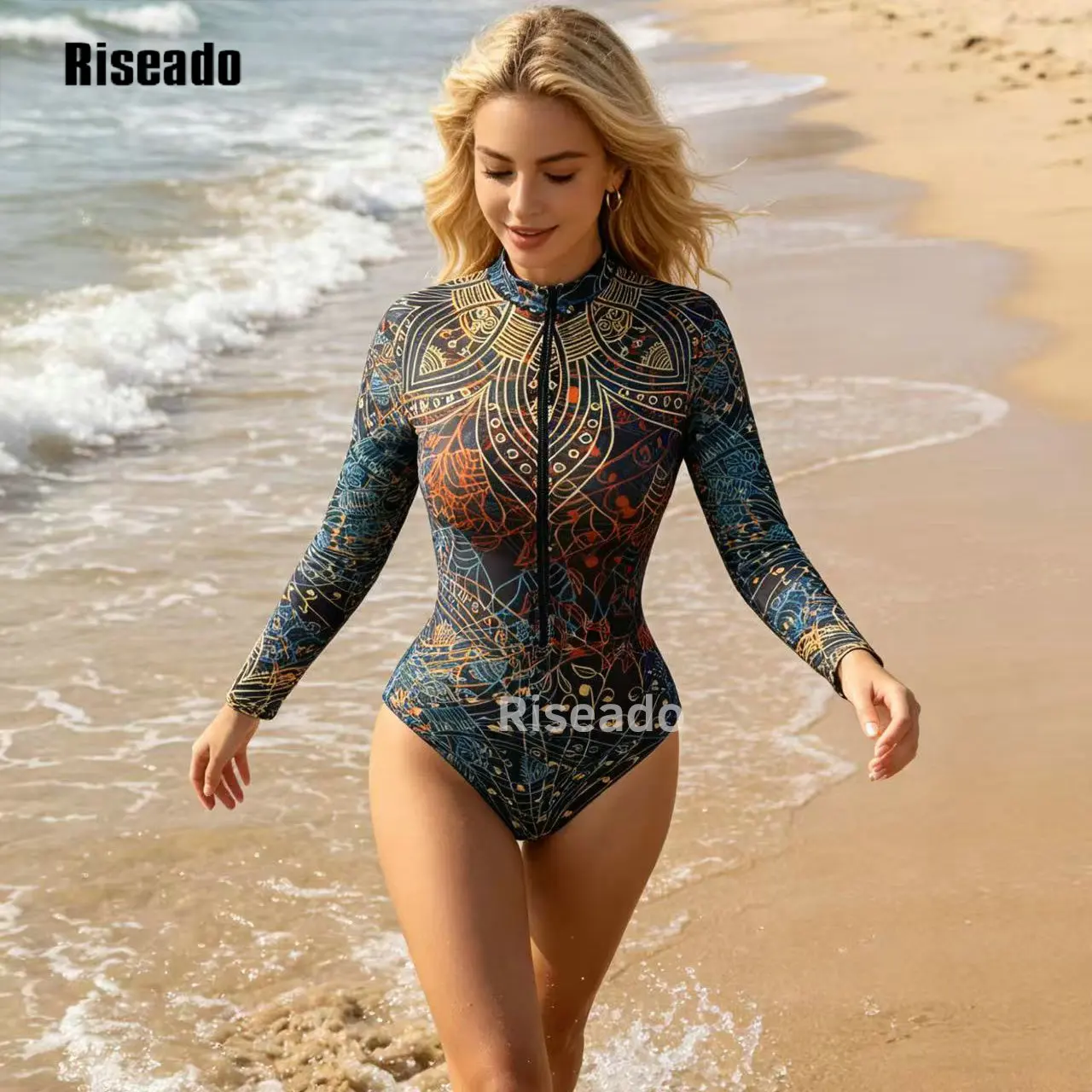 Womens Long Sleeve Mesh Rash Guard UV UPF 35+ Sun Protection Printed Sexy High Waist Surfing One Piece Swimsuit Bathing Suit