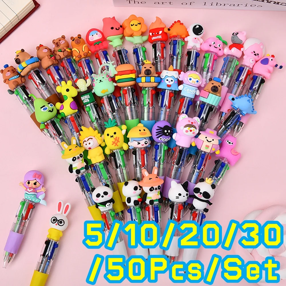 Mini stylo à bille 4 couleurs en Silicone, 5 à 50 pièces/lot, dessin animé mignon, stylo court Portable quatre couleurs pour étudiant, papeterie d'écriture multicolore