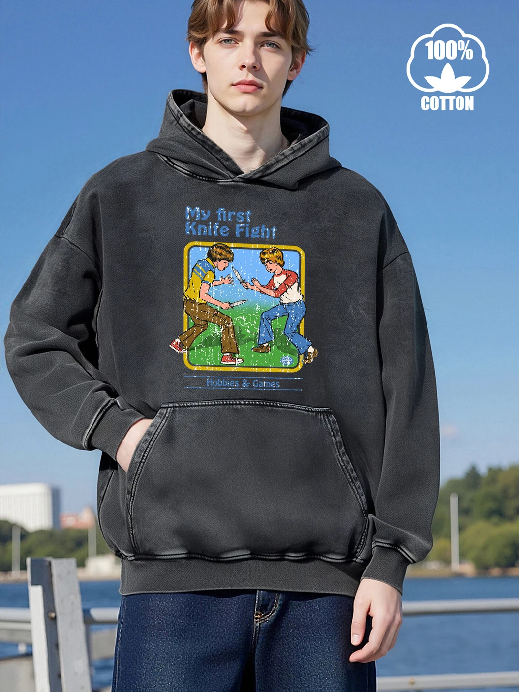 

My First Knife Fight Print Fashion Washed Hoodie Men Comfortable Pocket Sweatshirts All-Match Street Tops Hip Hop Cotton Clothes
