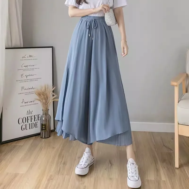 

2024 Summer Women Loose Wide Leg Pants Elastic High Waist Tie Bow Chiffon Pants Female Thin Ankle-Length Pleated Casual Trousers