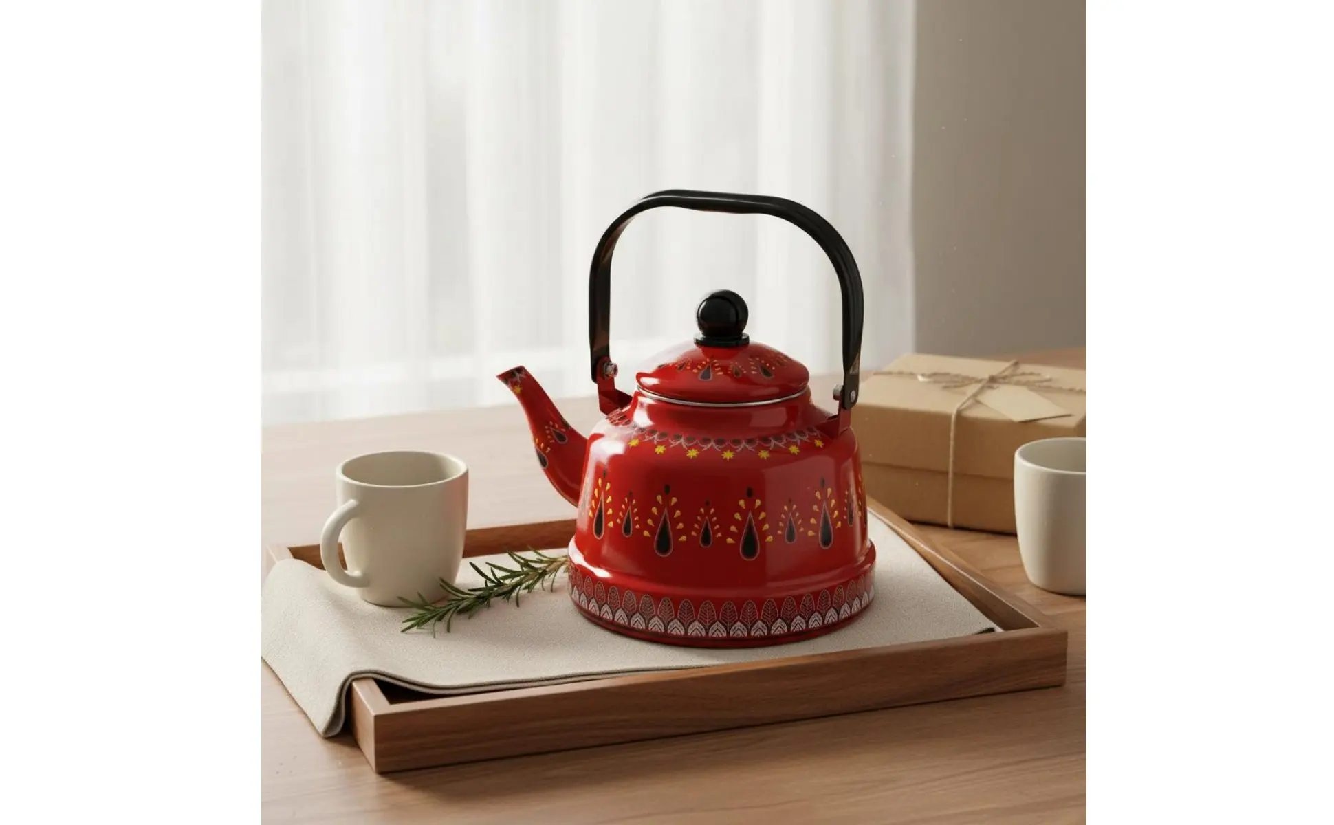 Enamel Stovetop Kettle Easy to Clean Vintage Dome Shaped Water Kettle Patterned Enamel Teapot