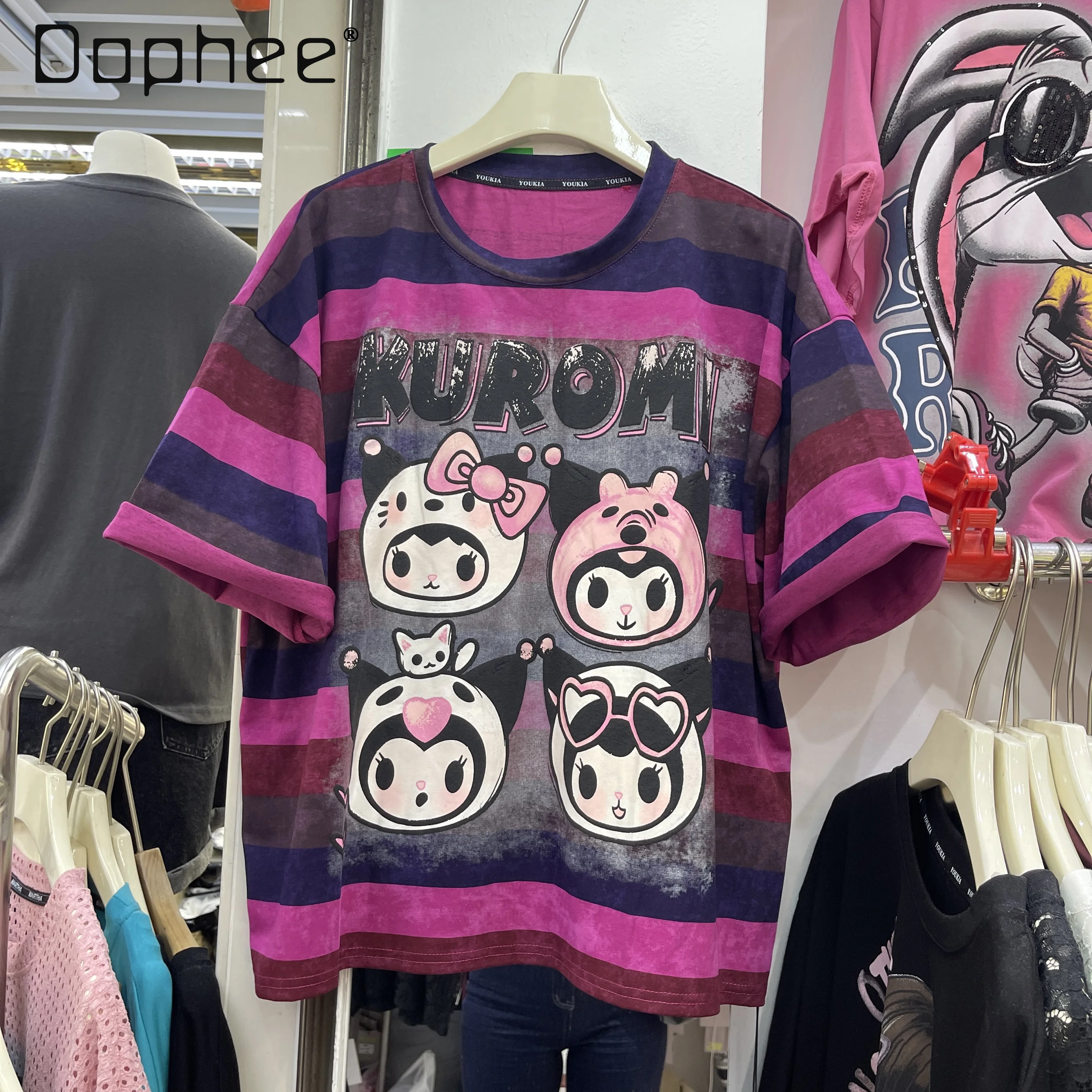 

European Goods Striped Top 2025 Spring and Summer New Large Version Loose Cartoon Print Short-sleeved T-shirt Top Women