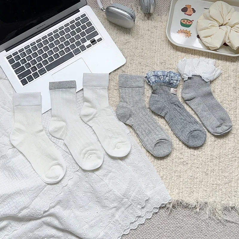 6 Pairs Women's Socks Set Korean Lace Sweet Simple Kawaii JK Versatile Middle Tube Cotton Socks Comfortable Breathable Socks