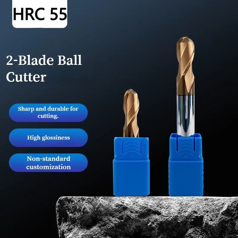 

55 Degree 2 Flute Ball Nose End Mill HRC65 Carbide CNC Router Bit 20mm Shank For Metal