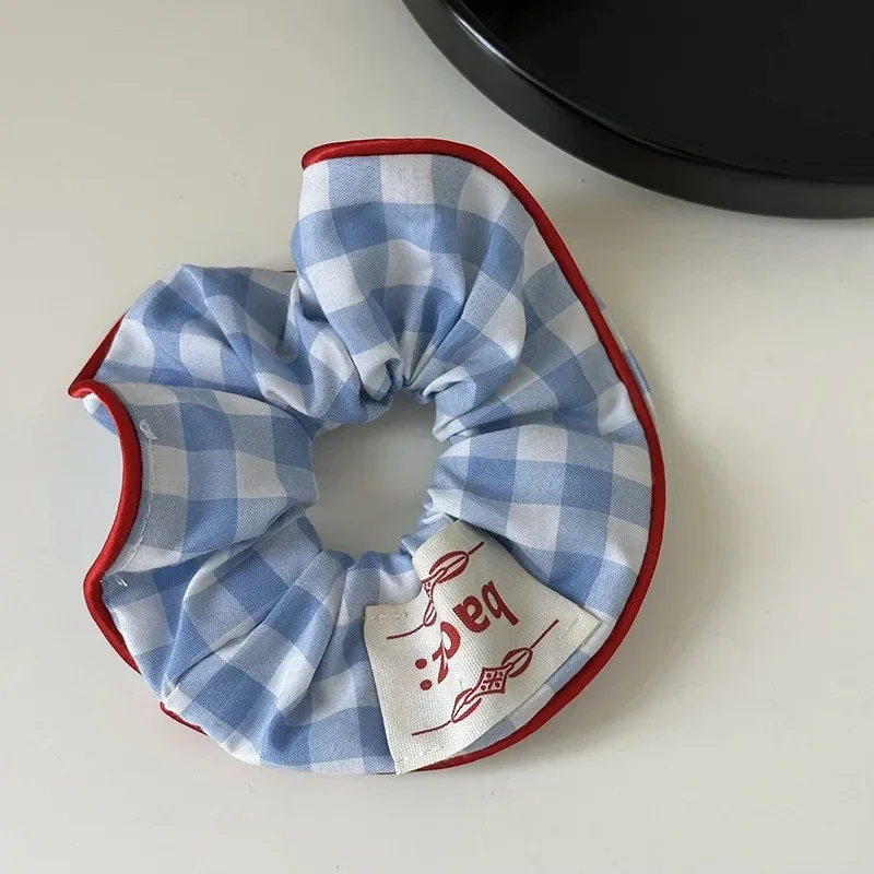 New Scrunchies Blue Plaid Grid Red Hem Large Size Hair Tie Sweet Cute Elastic Hair Band Women Hair Accessories