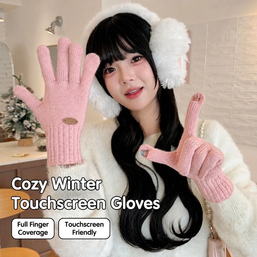 Korean Style Polyester Cable Knitted Gloves Cold Proof Textured Warm Touch Screen Gloves Full Finger Winter Gloves For Women