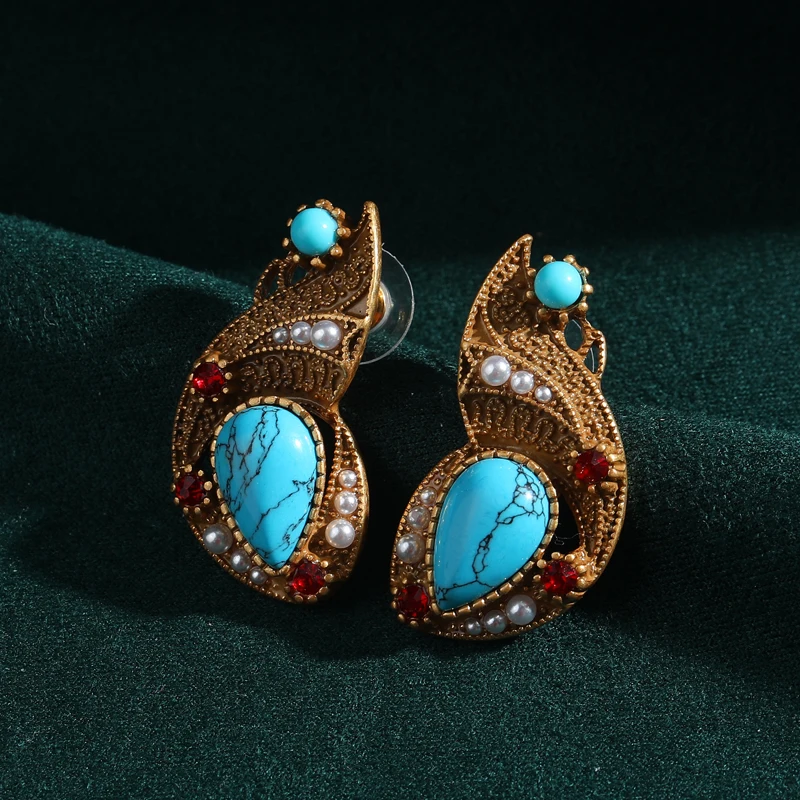 

Винтажные серьги-подвески «Золотая рыбка» с бирюзой, цвет античного золота, со стразами, для женщин, подарок на фестиваль, годовщину, новый модный тренд 2026 года