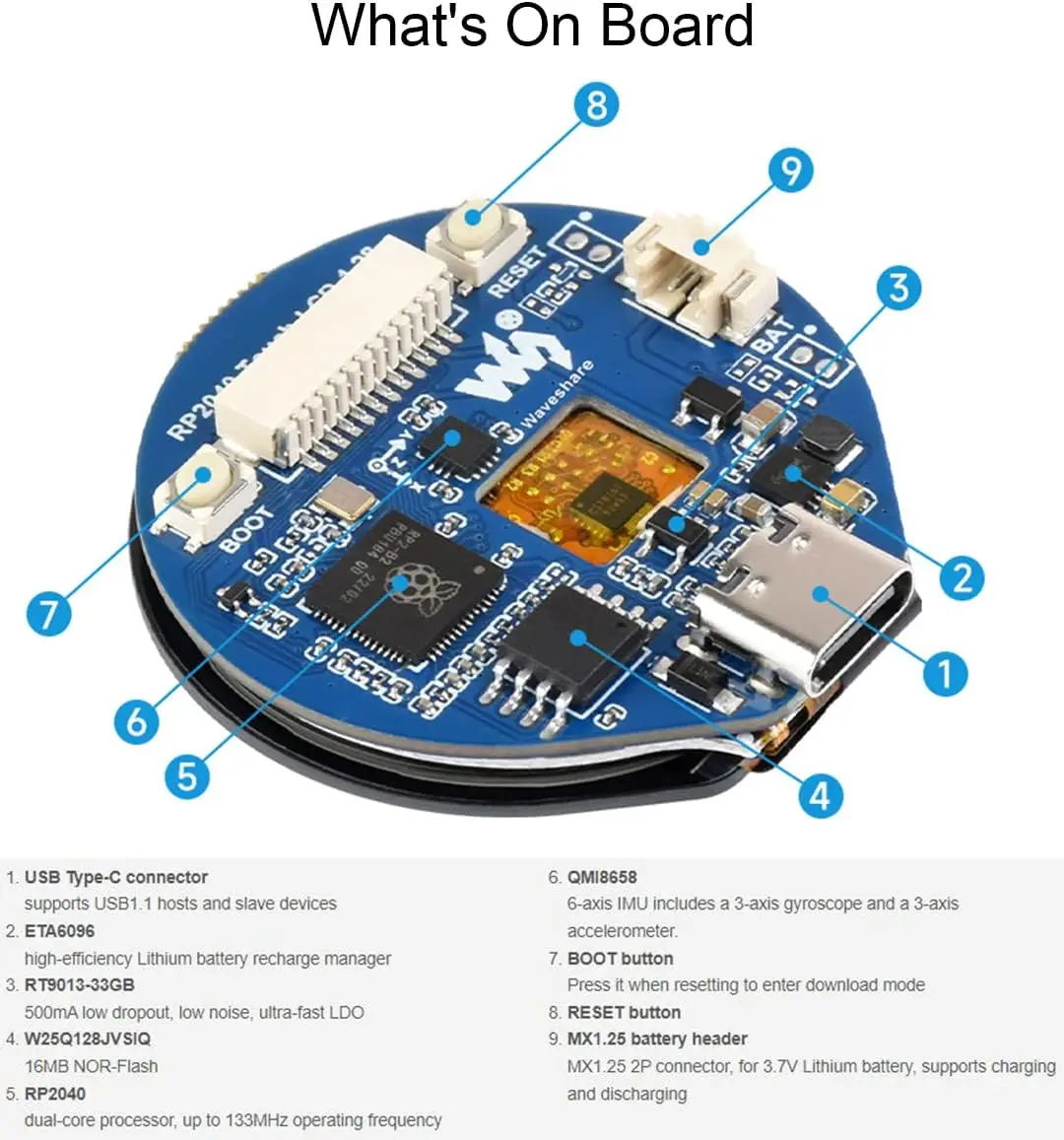 Waveshare RP2040 1.28 pouces IPS écran tactile rond LCD RP2040-Touch-LCD-1.28 240x240 prise en charge C/C ++ MicroPython Arduino IDE