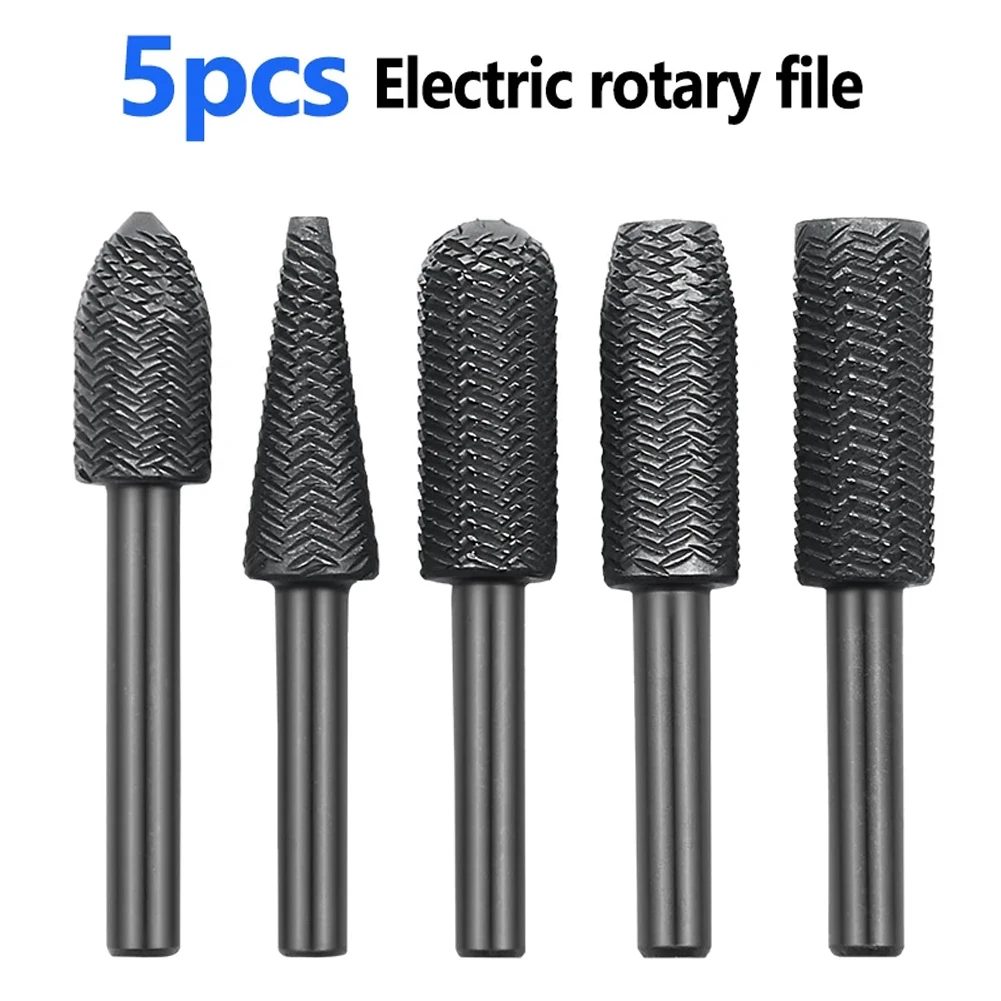 5PCS 45# Steel Rotary Rasp File Set 1/8 Inch Shank Die Grinder Rotary Tool Rasp Bits Wood Metal Carving Electric Grinding Tool