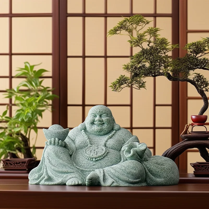 Green Sandstone Laughing Buddha Statue Chinese Buddhist figures Zen Buddha Home Room Office Wealth Luck Feng Shui Decor