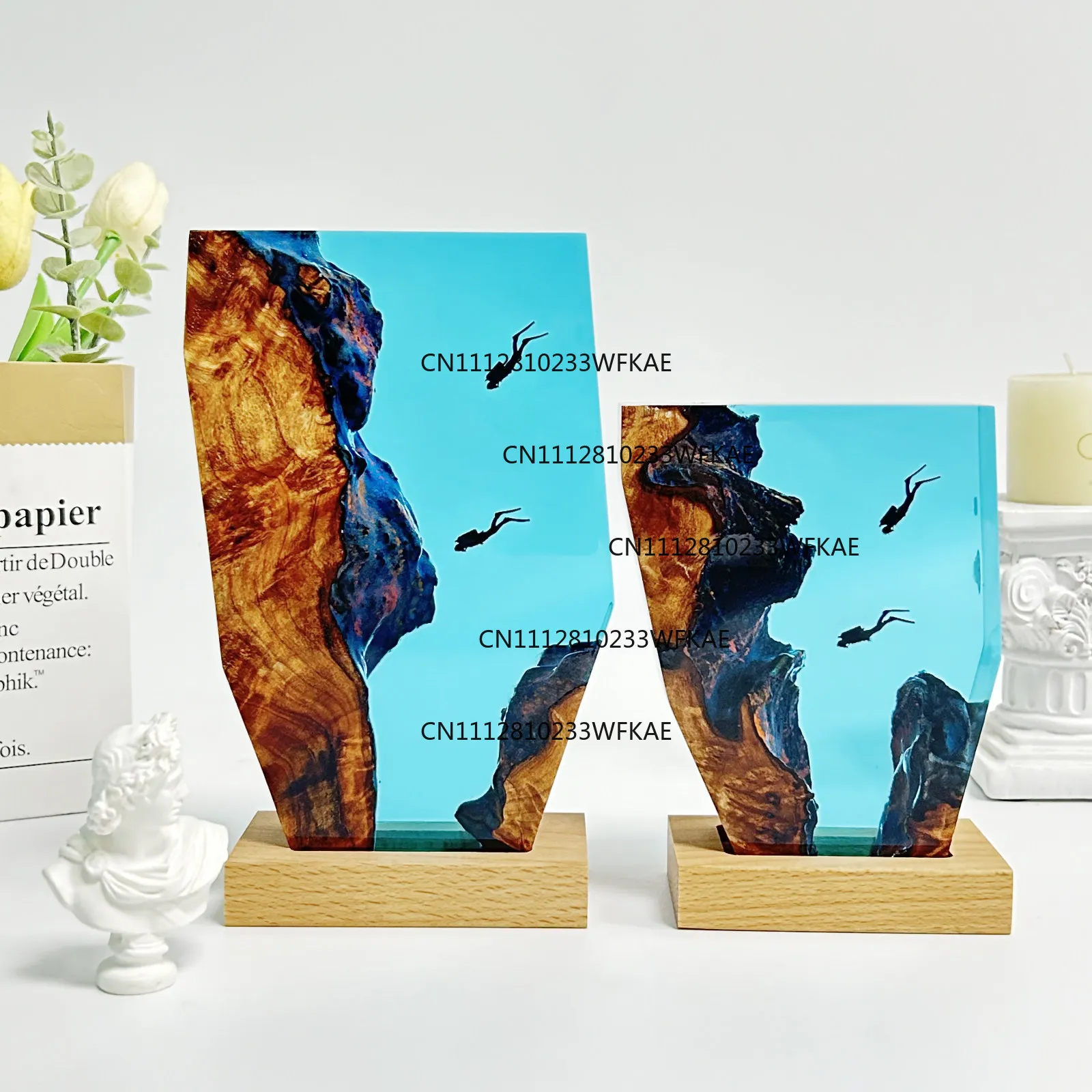 Handmade creative solid wood resin lamp, marine diver desktop ornament art atmosphere lamp, suitable for giving as a gift