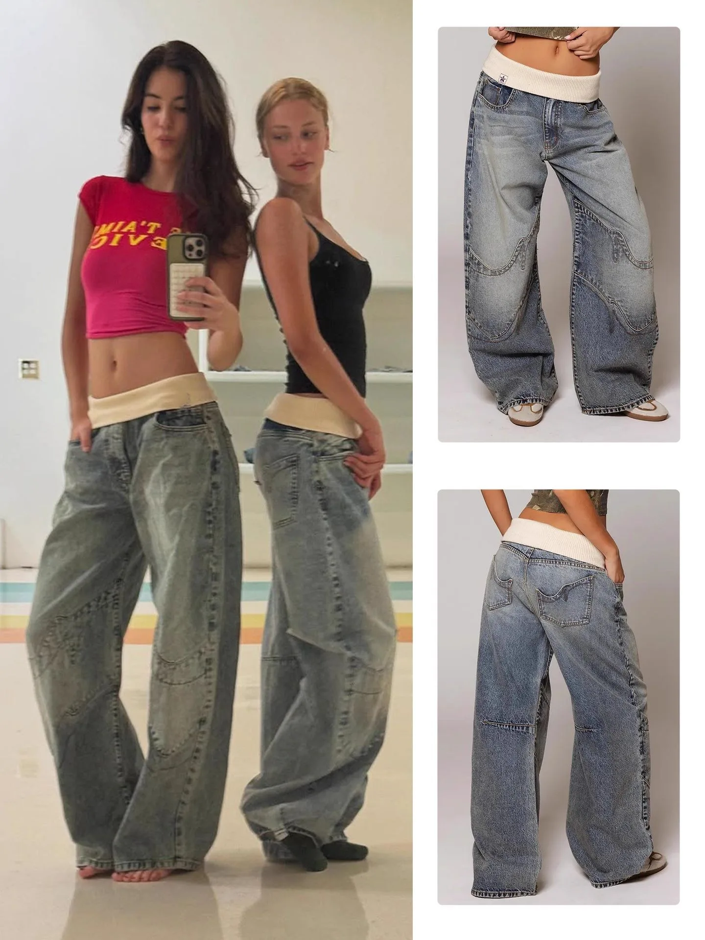 

Retro Street Style Blue Washed Denim Jeans Women's High Waist Flared Pants Youth Fashion Loose Fit Straight Leg Jeans