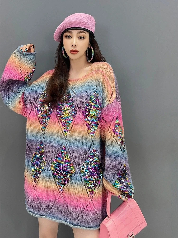 Vefadisa 2024 Spring Autumn New Low Round Neck Pullover Sweater Women Long Sleeves Sequin Hollow Knitwear Large Size ZXF416B