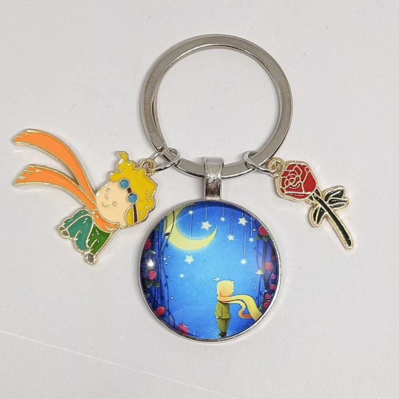 New Little Prince Fox Keychain Starry Sky Back Metal Rose Keyring Pendant Creative Gift Hang Bag