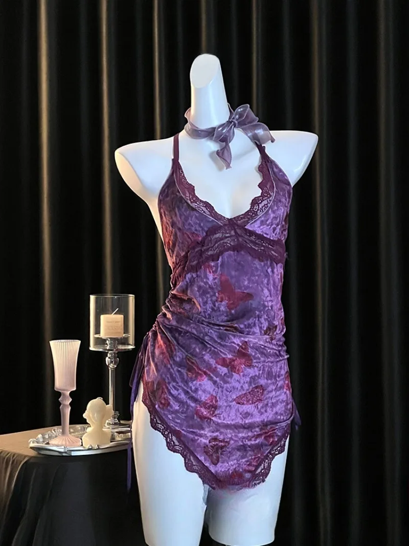 

Little Mom Style Butterfly Print Purple Velvet Nightgown,Backless Seductive Emotional Pajamas,Short Skirt WomenPure Desire Style