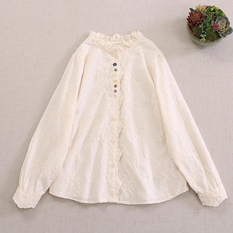 Mori Kei Clothing Embroidery 100% Cotton Shirts Women Spring New Stand Collar Long Sleeve Solid Color Casual Loose Blouse Tops