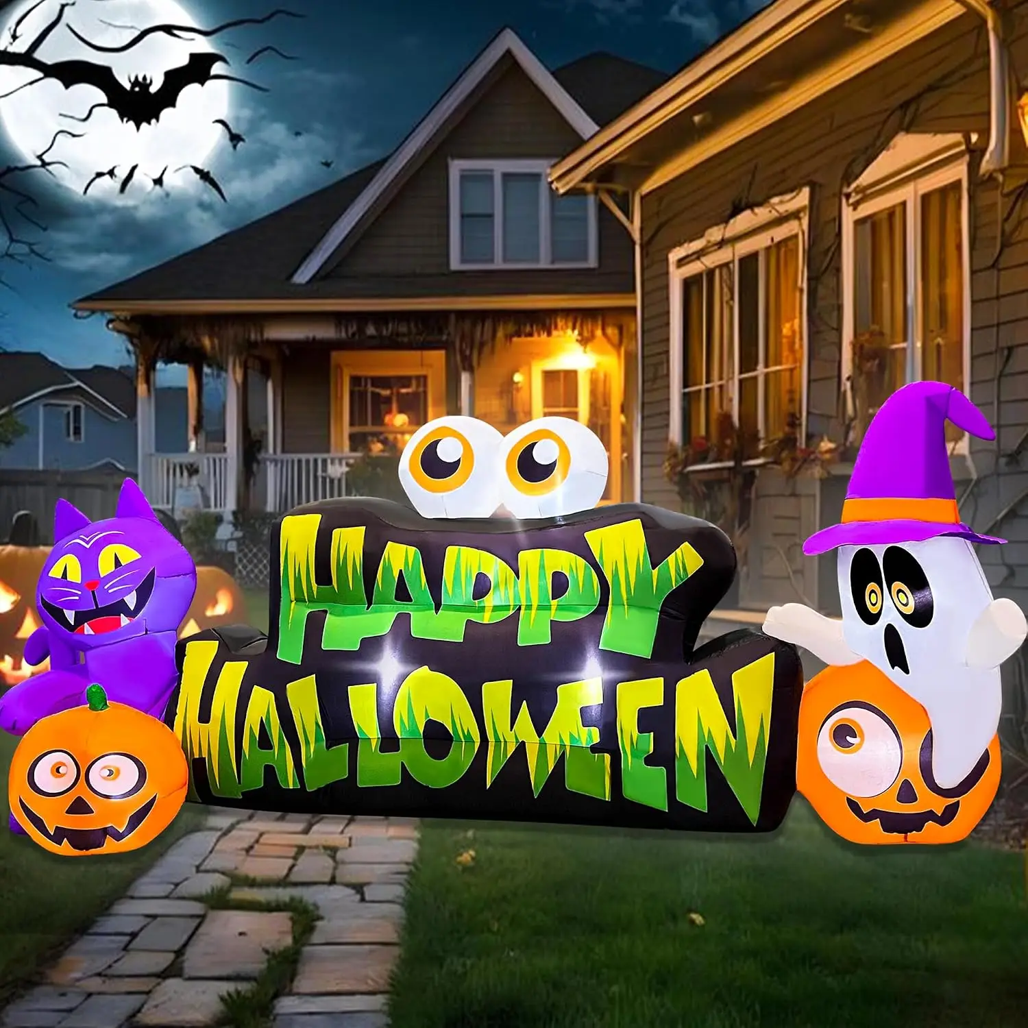 10FT Halloween Inflatable Ghost Pumpkin Eyeballs Cat Banner | Build-in Lights Holiday Blow Up Yard Decoration for Halloween Part