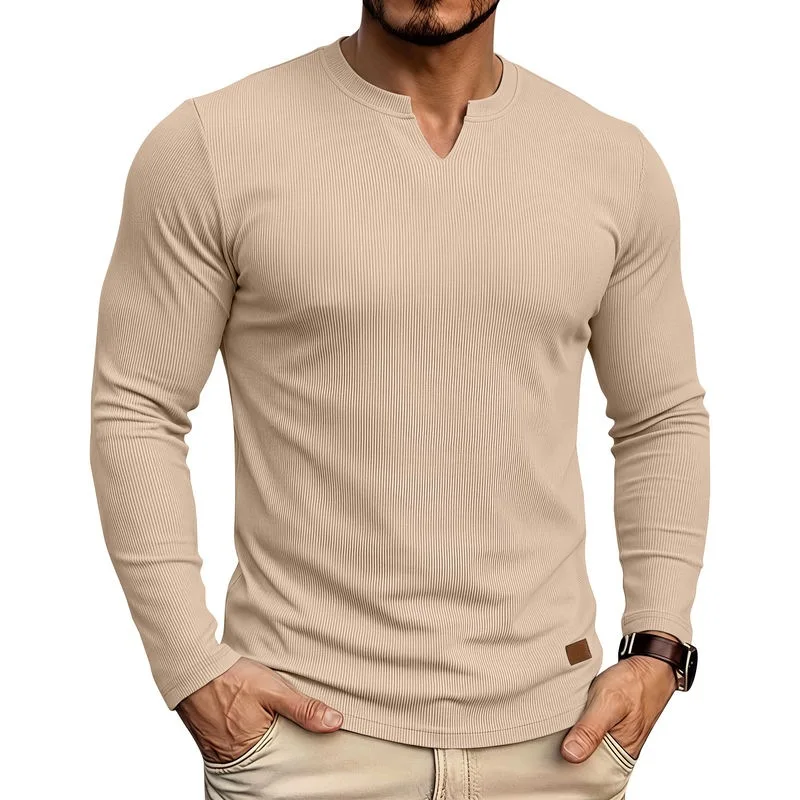 American Style Long Sleeve Casual T-Shirts Men Heavyweight Solid V-Neck Pull On Tees Male Loose Fashion Pullover Tops Streetwear