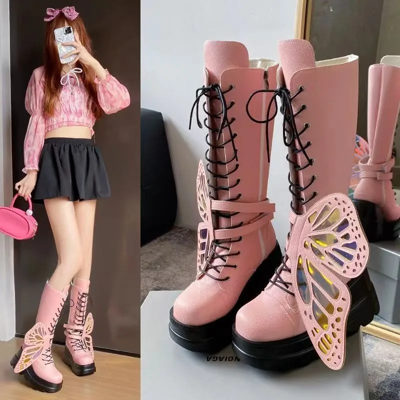 Large Size Red Slope Heel Motorcycle Boots Fashion Platform Butterfly Zip Lace Up Knee High Leather Boots Shoes for Women Gothic