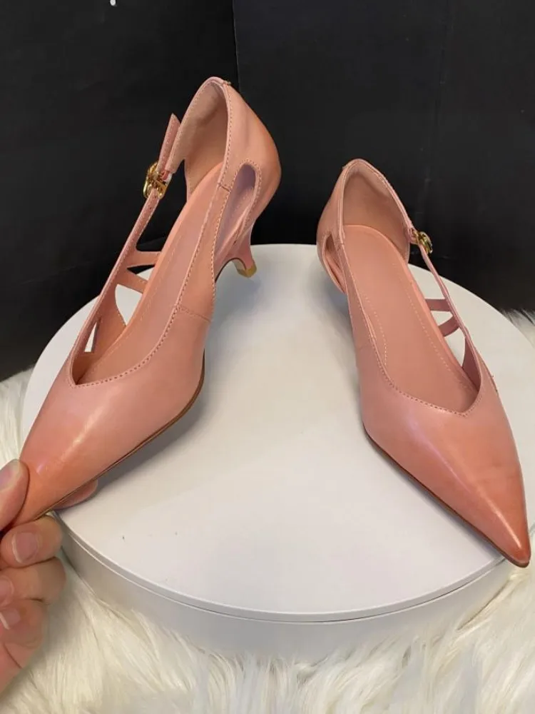 Summer Wearing Outside Fashion Ladies Genuine Leather Pointed Toe Buckle Strap Solid Color Cowhide Stiletto Heel Sandals