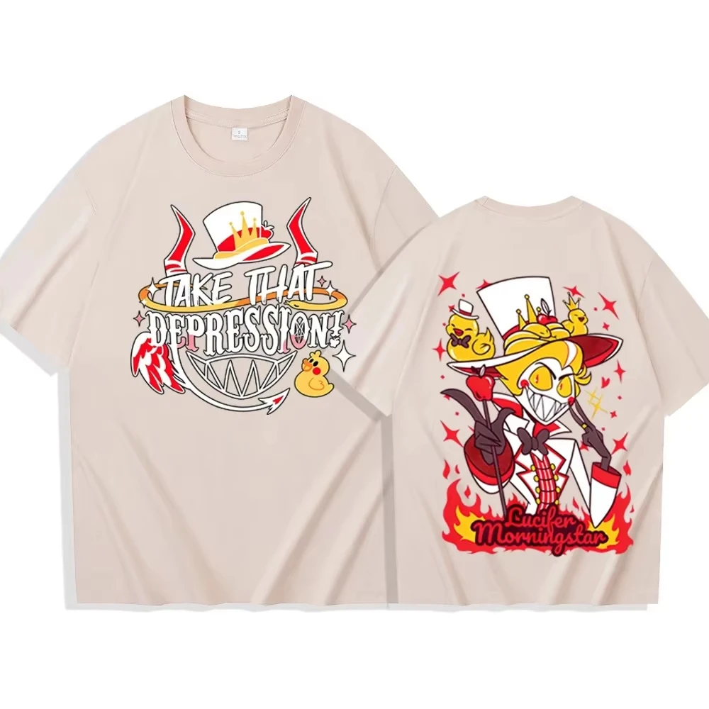 Hazbin Hotel Lucifer Grafik-T-Shirt aus gewaschener Baumwolle, Unisex, Oversized, trendig, kurzärmelig, Harajuku Streetwear, lässige Oberteile – Detail 5