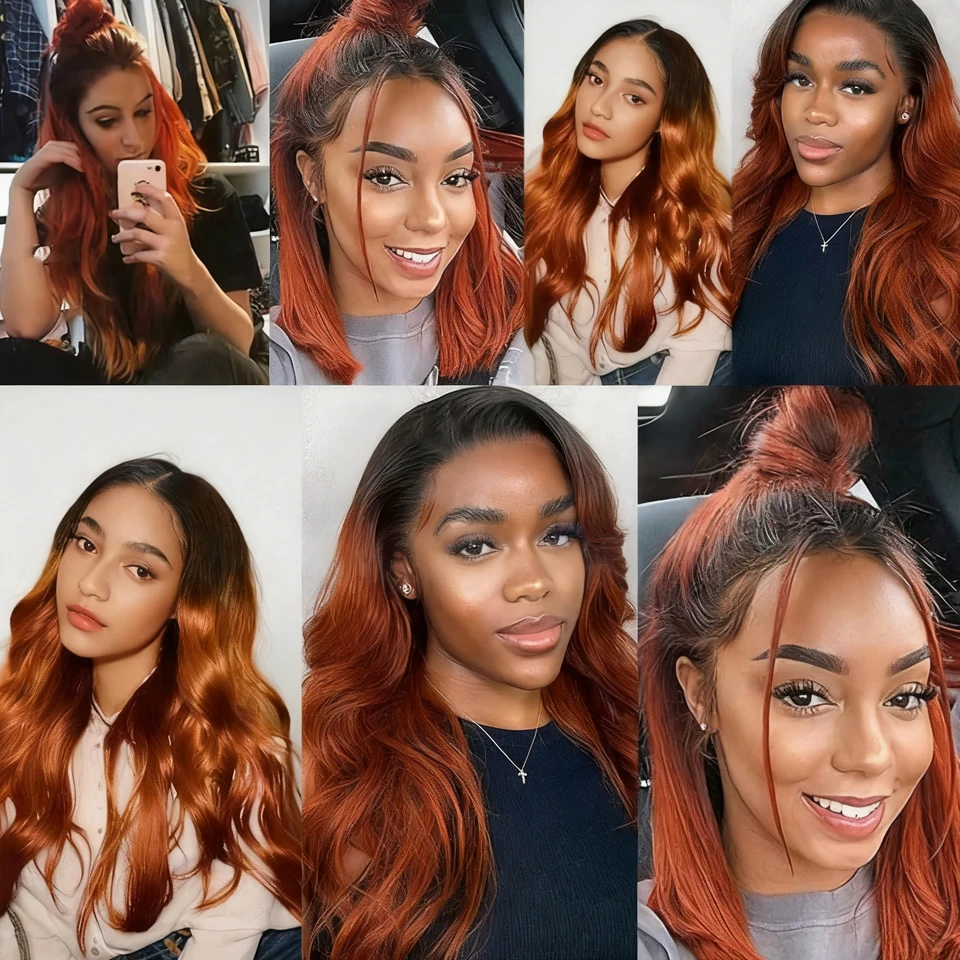 T1b/350 أومبير الزنجبيل الملونة الجسم موجة حزم مع HD إغلاق الشعر البشري 3/4 حزم مع إغلاق البرازيلي عذراء الشعر 8-30 #6