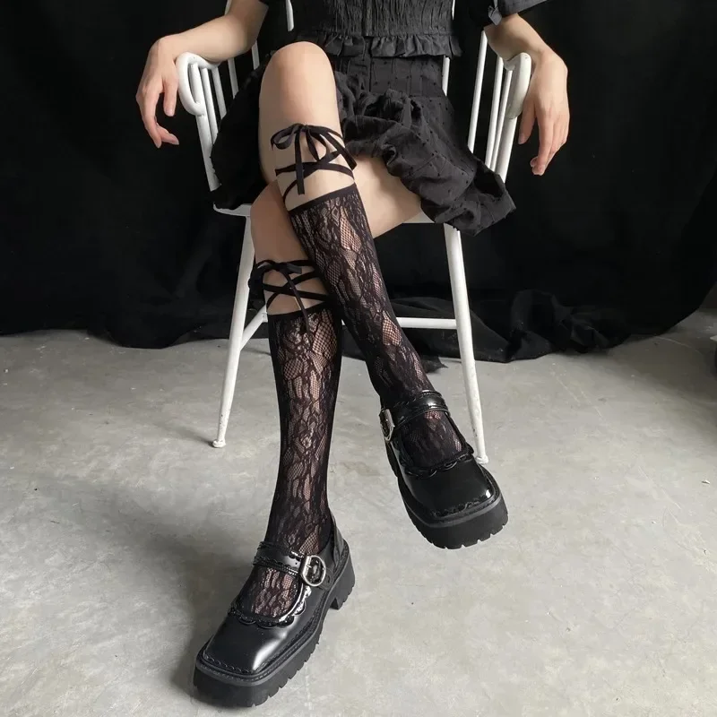 Girls Street Style Split Toe Strappy Lace Fishnet Knee High Socks Japanese Lolita JK Long Stockings Trendy Cool