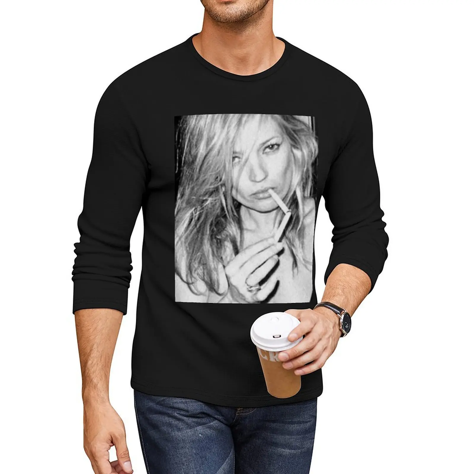 

KATE MOSS SMOKING FASHION PHOTOGRAPHY 90s Black and white Editorial Cigarette Long T-Shirt heavyweight t shirts mens clothing