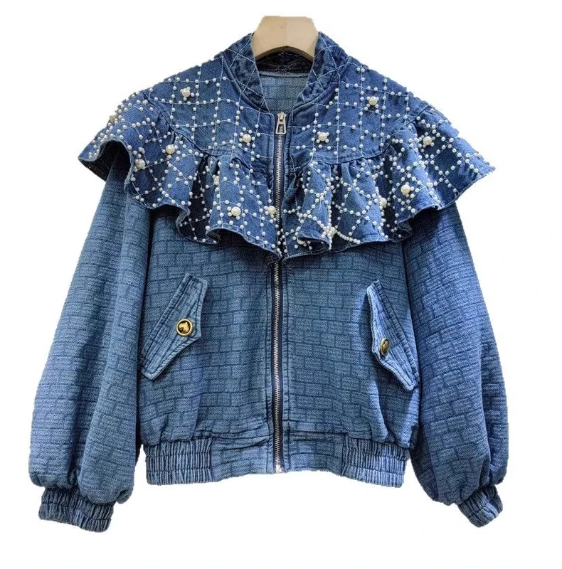 Spring Autumn Heavy Industry Beads Color Matching Ruffles Temperament Denim Jacket Fashion Loose Long Sleeve Versatile Blue Top