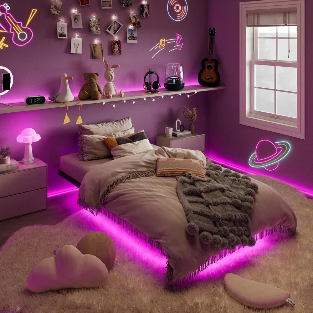 

Floating Bed Frame Twin Size with Smart LED Lights and Charging Station, Heavy Duty Metal Platform Bed with Modern De