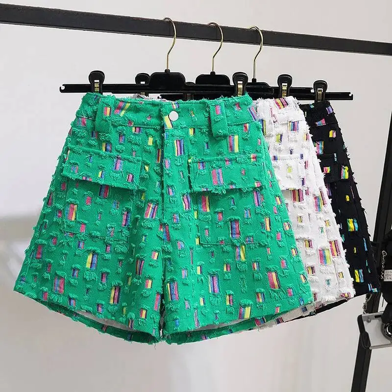 

2025 Summer Stylish High Waist Shorts Women Colorful Wide Leg Short Pants Fashion Chic Ladies Thin Denim Shorts S-4XL
