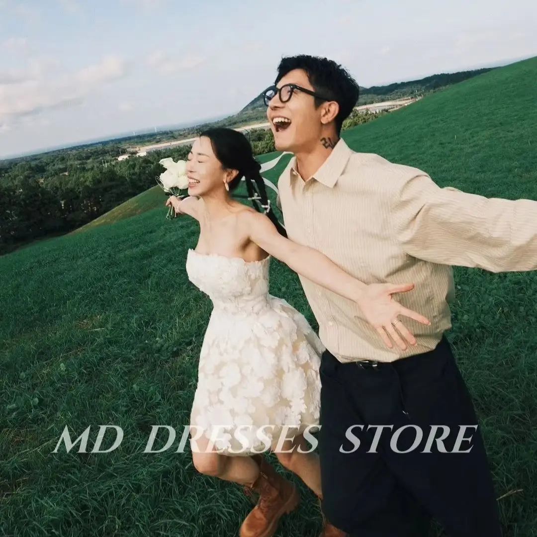 MD Simple White Short A-line Wedding Dresses For Woman Sleeveless Applique  Korea Photo shooting 웨딩드레스 Customized Bride Gowns