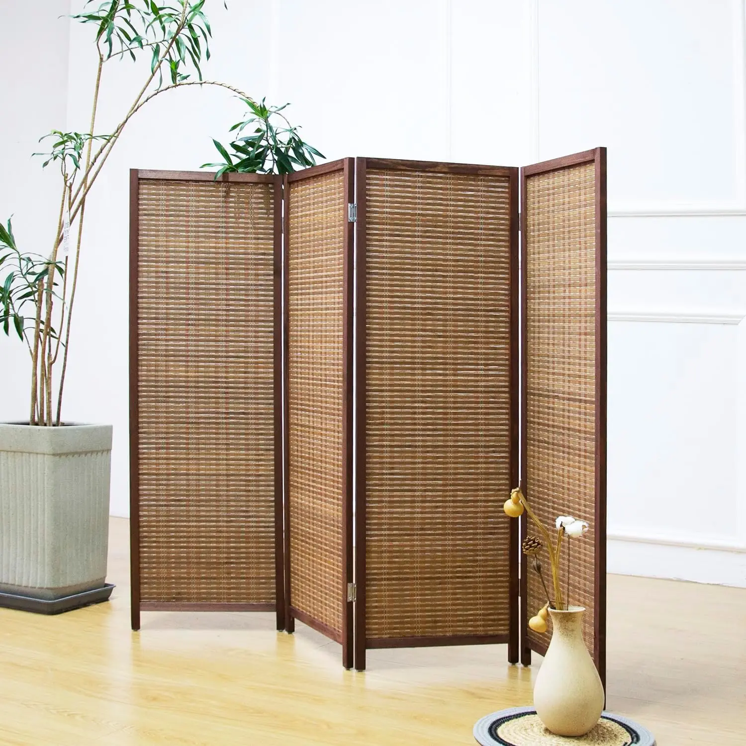 Furnnylane 4 Panel Short Room Divider Screen,Brown Freestanding Partition,Small Bamboo Panel Divider for Room Seperation,3.95 FT