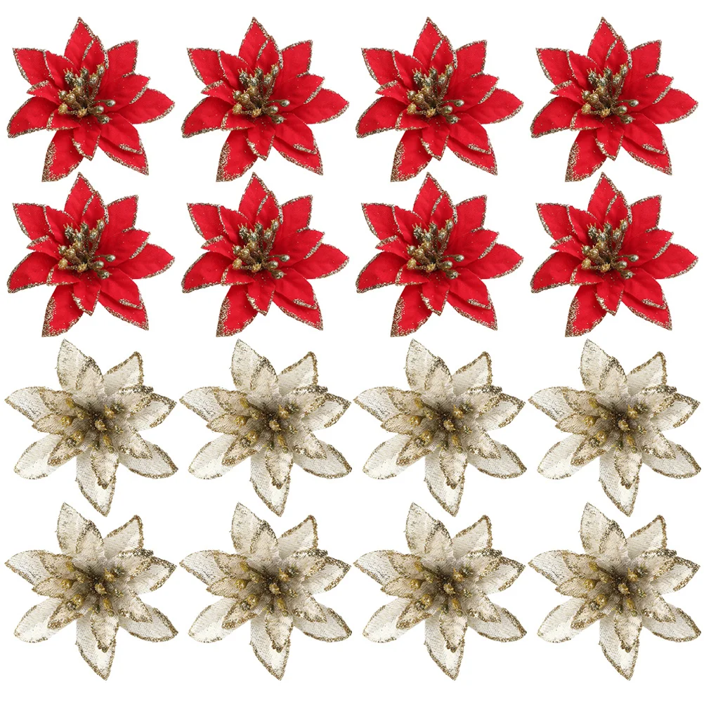 

24pcs Christmas Decorative Flowers Artificial Silk Glitter Flower Ornament For Tree Home Mall Photo Props Diy Wreath Accessory