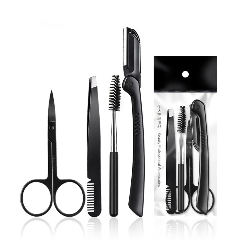 Black Eyebrow Trimming Scissors Stainless Steel Tweezers Eyebrow Scraping Eyebrow Comb Razor Eyebrow Clip Makeup Tools Sets