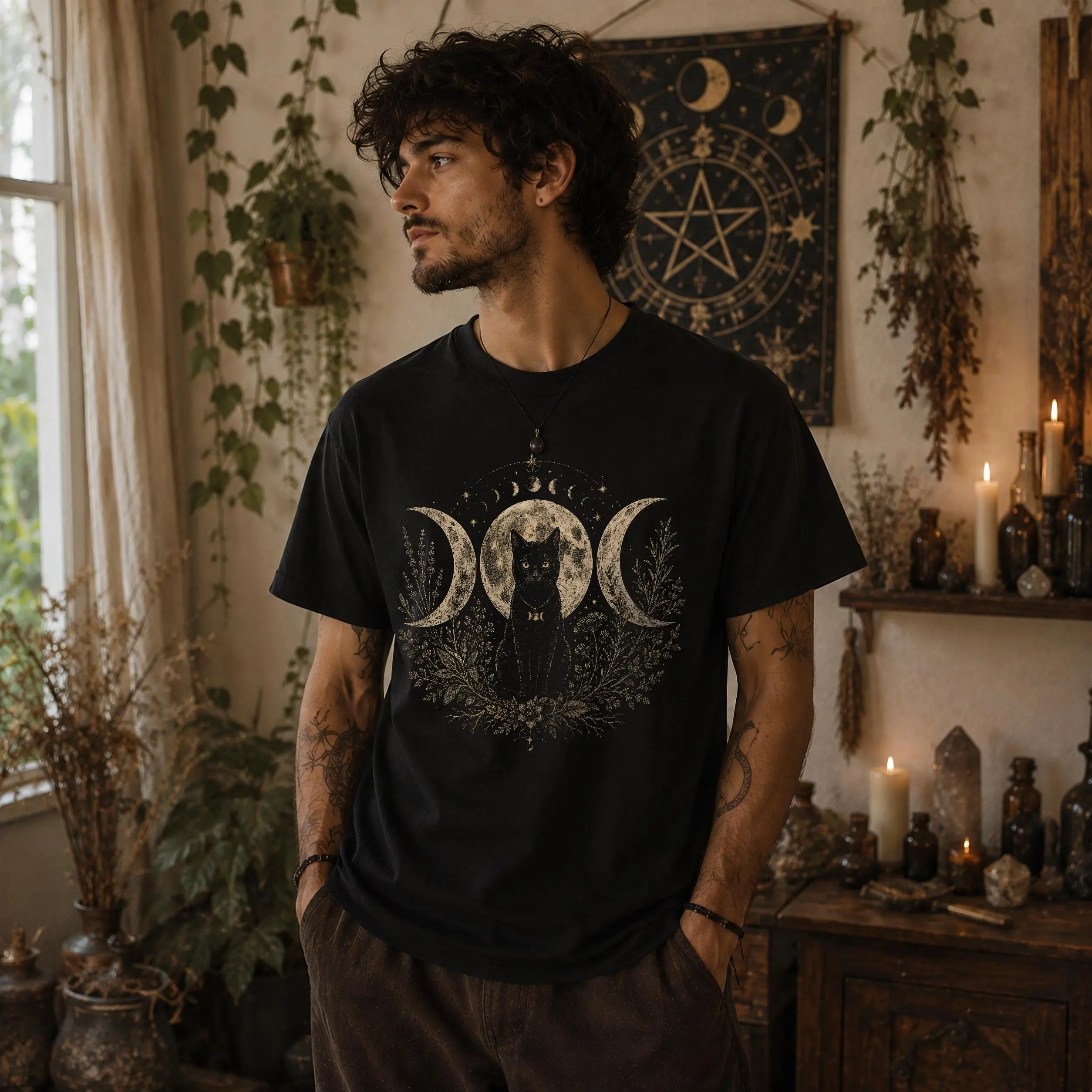 Black Cat Triple Moon Shirt: Hexenkatzen-T-Shirt | Paganisches Mondphasen-T-Shirt | Wicca-Familiengeschenk | Mystisches Unisex-Shirt Hexengeschenk – Detail 2