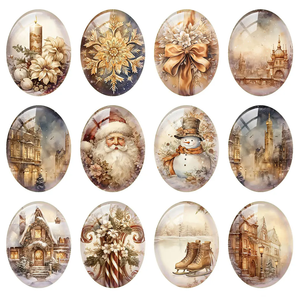 10pcs/lot Christmas X-mas Winter Bells Candle Santa Tree Oval Photo Glass Cabochon Flatback Demo Cameo For Diy Jewelry Making