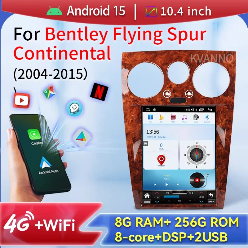 For Bentley Flying Spur Continental 2004-2015 Car Radio Audio Player Bluetooth Android15 Carplay Display Stereo GPS Navigation