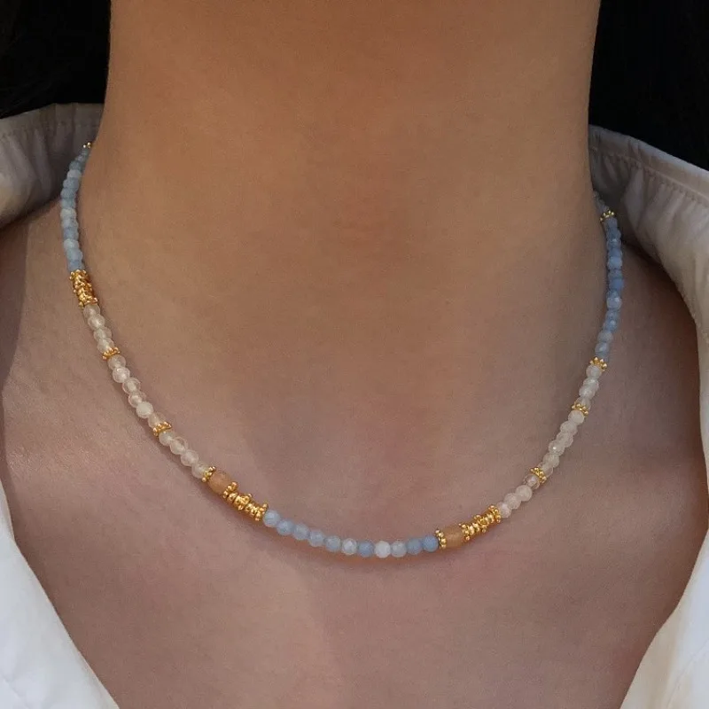 

Minar Boho Multicolor Natural Tianhe Stone Aquamarine Crystal Beads Beaded Necklace for Women 18K Real Gold Copper Strand Choker