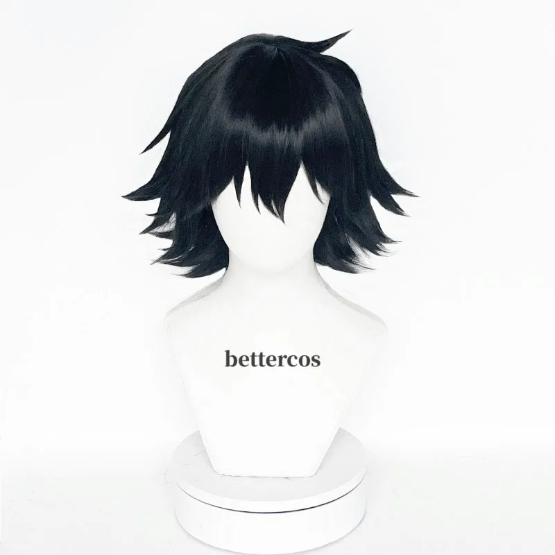 Ranpo Edogawa Peruca Curta Cosplay, Cabelo Preto Natural, Resistente ao Calor, Perucas Anime, Boné Peruca, 30cm