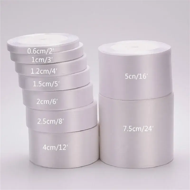 핫세일 (25야드/롤)6mm-75mm 화이트 실크 새틴 리본 웨딩 장식 리본 선물 포장 DIY 핸드메이드 재료 9가지 사이즈