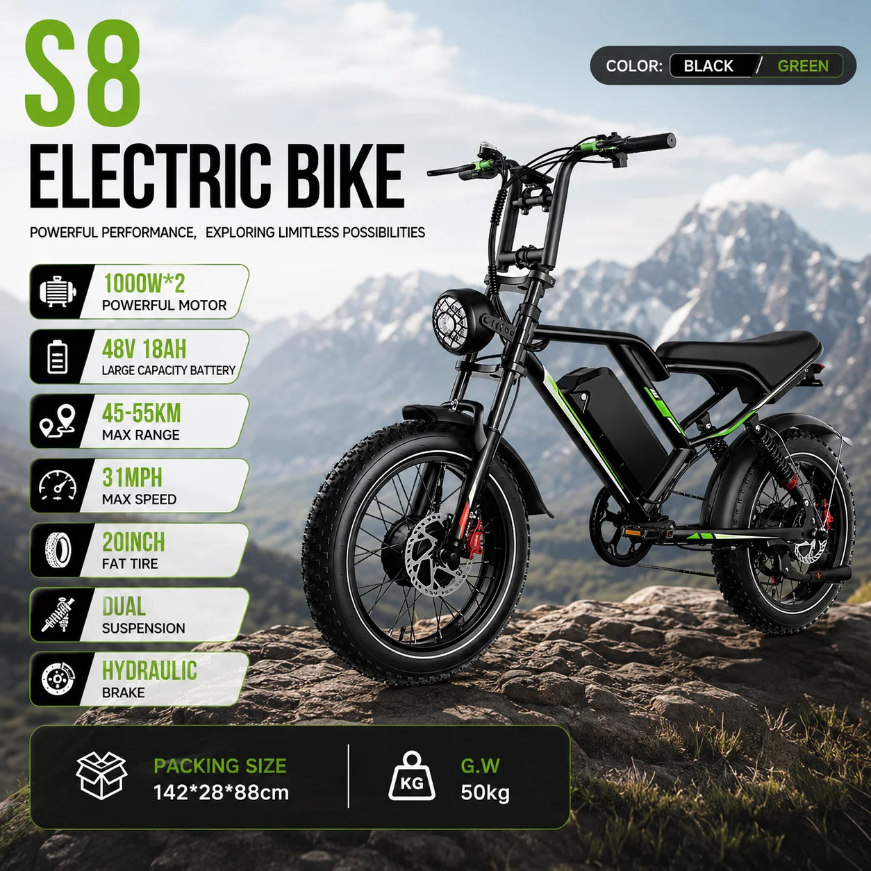 E-Bike OBX S8 1000W Dual Motor Electric Bike 48V 18Ah Battery 31MPH 20” Fat Tire E-Bike Dual Suspension Hydraulic Brake