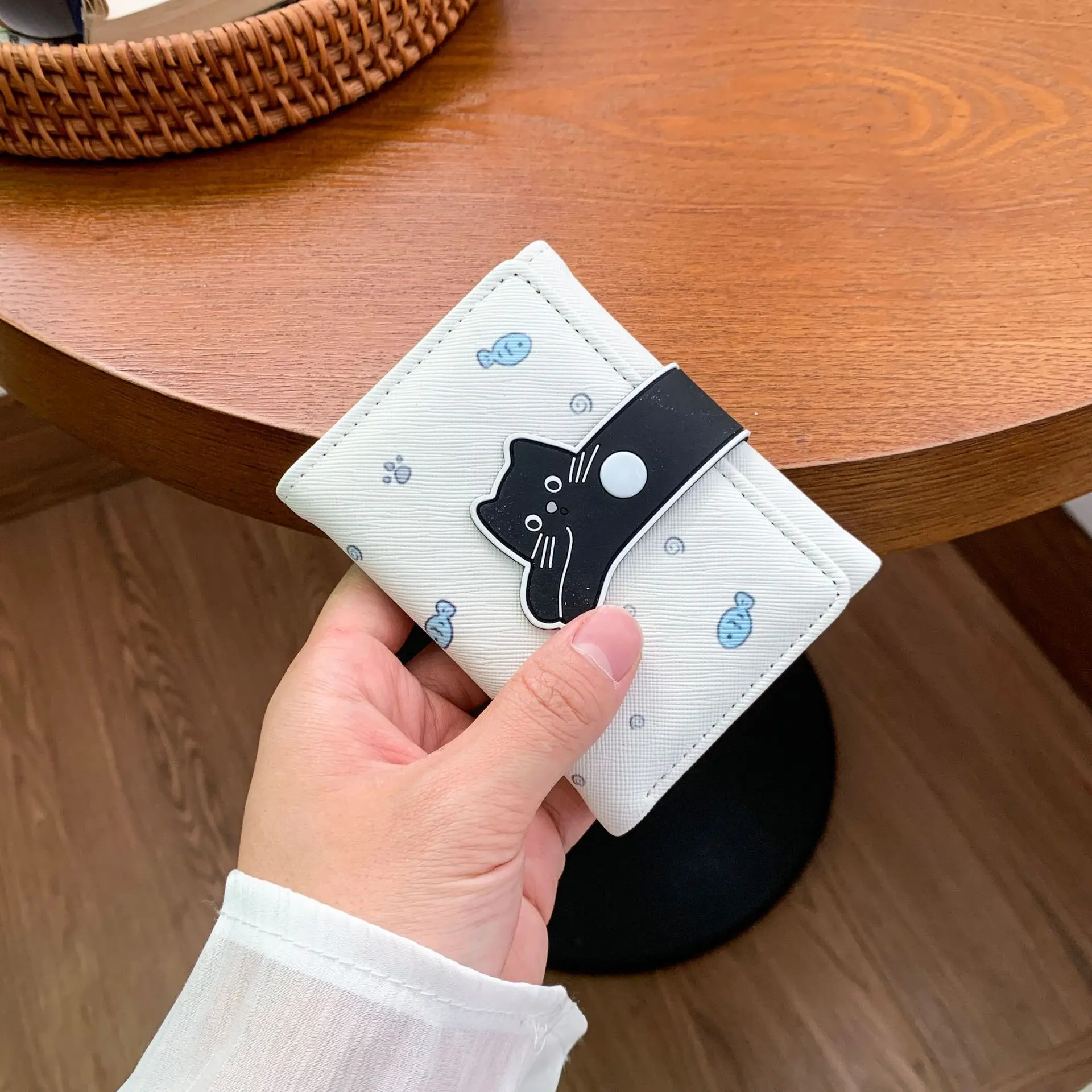 PU leather cute cat lady's short purse, small and portable, multi-functional ID card holder, color-matched student wallet