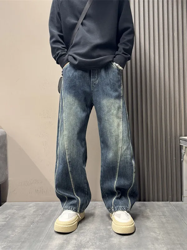 

Rustic Straight Leg Workwear Wide Leg Pants American High Street Trendy Loose Jeans Spring Autumn New Sle Men's Casual Trou...