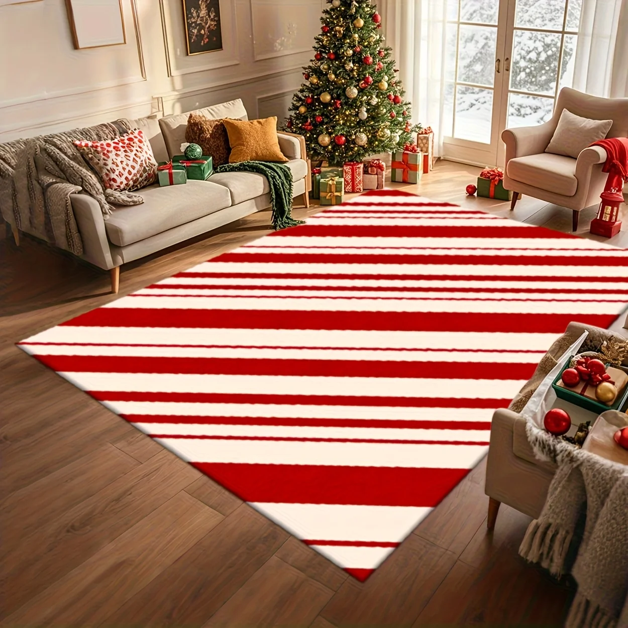 Christmas Red‑White Diagonal Stripe Printed Area Rug, 2D Flat Design, Washable Holiday Decor Floor Mat for Living Room, Bedroom