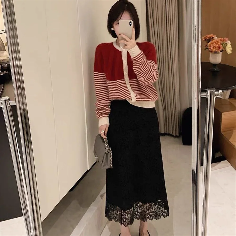 Spring Summer New Lace Skirt For Women Elegant Flower Embroidery Hollow Out Skirts Vintage All Matched Office Lady Midi Skirts