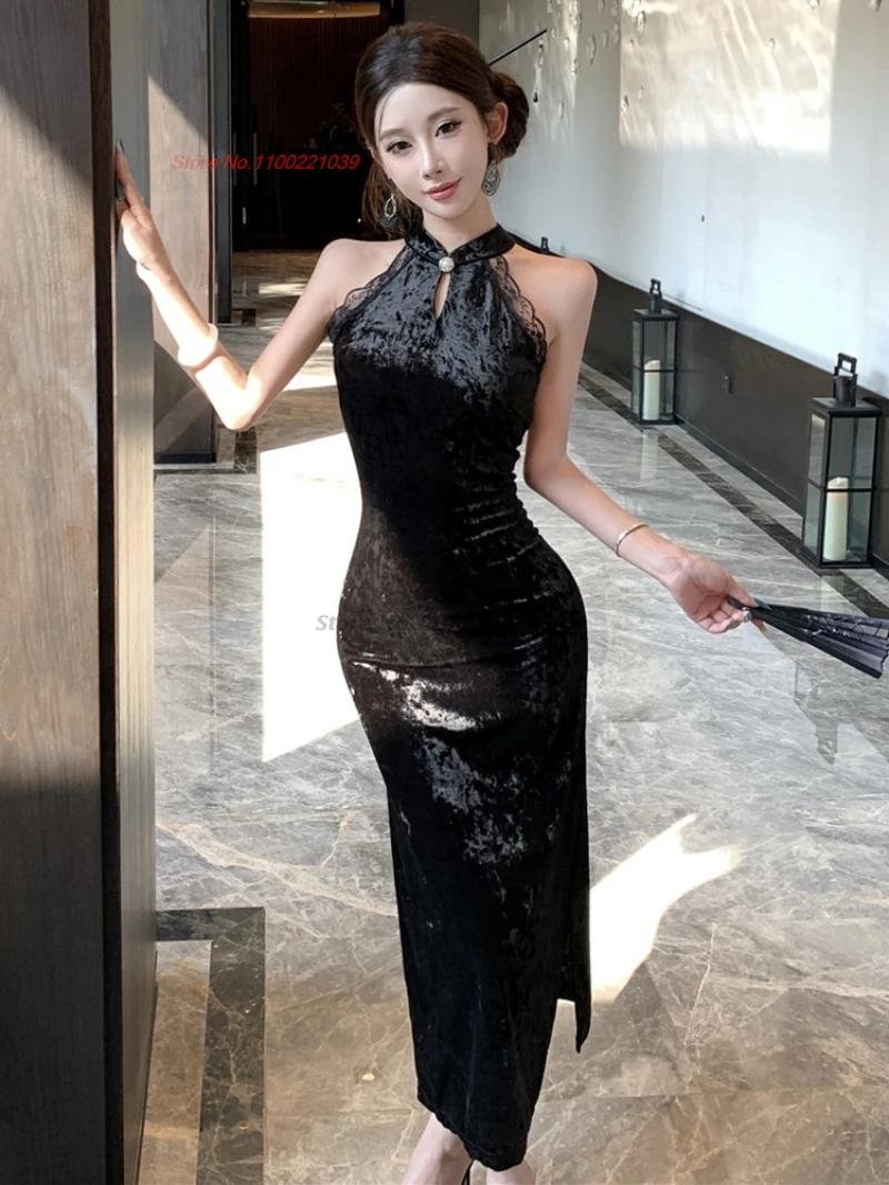 

Китайское сексуальное платье 2021, улучшенное Cheongsam, традиционное кружевное бархатное платье без рукавов, Ципао, ретро, для ночного клуба, банкета, вечернее платье Ципао