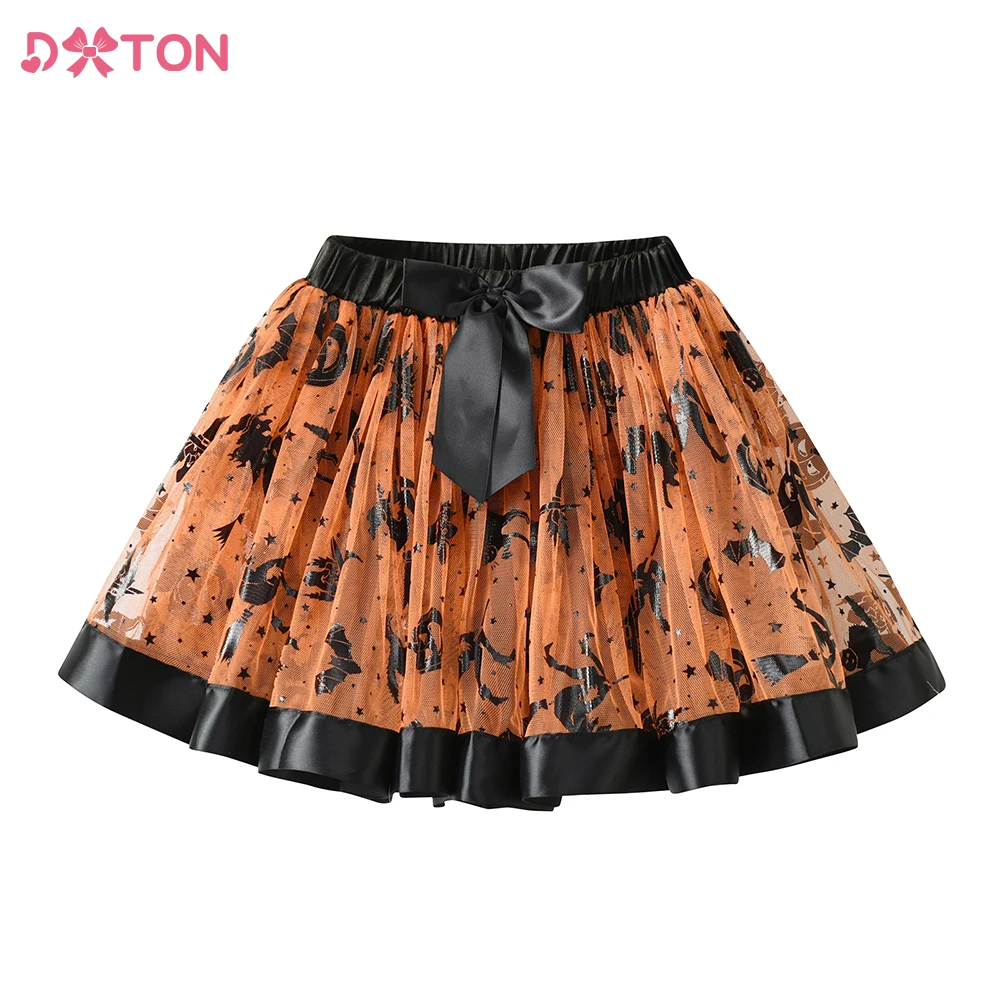 DXTON Black Bats Stars Printed Girls Skirts Mesh Fluffy Spider Children Mini Skirt Elegant Halloween Festival Kids Outfit 3-8Y