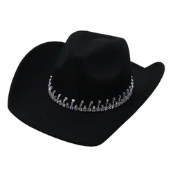 New Water Drop Top Women Black Western Cowboy Hat Fashion Bride Wide Brim Cowgirl Fedora Hat Performance Party Chic Men Felt Hat