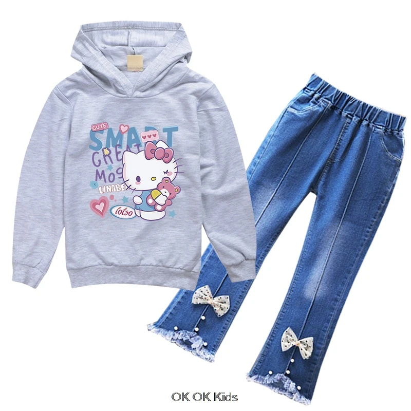 Cheap Popular Simple Hello Kitty Long Sleeve Girls Casual Wear Hoodes Jeans Pants Toddler Energetic Spring Fall Sweatshirt Sets